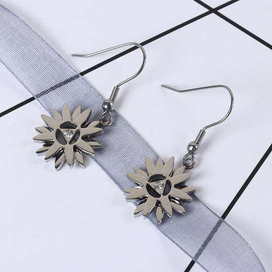 Imagen de 316 Acero Inoxidable Pendientes Tono de Plata Flor Transparente Rhinestone 40mm x 17mm, Post/ Wire Size: (21 gauge), 1 Par”