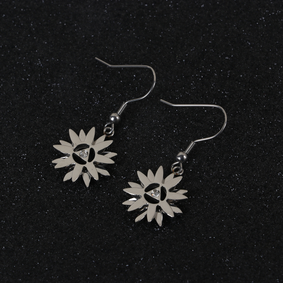Imagen de 316 Acero Inoxidable Pendientes Tono de Plata Flor Transparente Rhinestone 40mm x 17mm, Post/ Wire Size: (21 gauge), 1 Par”