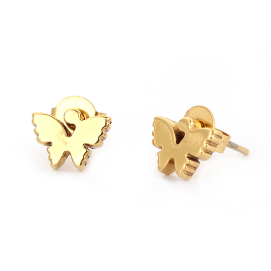 Picture of Stainless Steel Ear Post Stud Earrings Gold Plated Butterfly Animal 9mm( 3/8") x 7mm( 2/8"), Post/ Wire Size: (20 gauge), 1 Pair