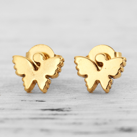 Picture of Stainless Steel Ear Post Stud Earrings Gold Plated Butterfly Animal 9mm( 3/8") x 7mm( 2/8"), Post/ Wire Size: (20 gauge), 1 Pair