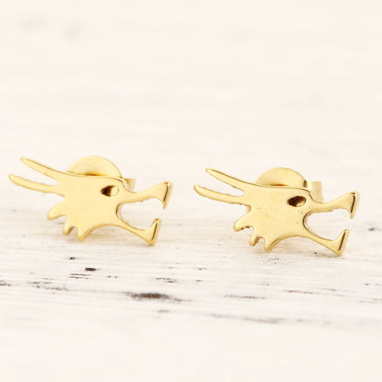 Picture of 316 Stainless Steel Ear Post Stud Earrings Gold Plated Dragon 13mm( 4/8") x 6mm( 2/8"), Post/ Wire Size: (20 gauge), 1 Pair”