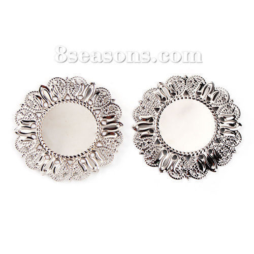 Picture of Iron Based Alloy Connectors Flower Silver Tone Cabochon Settings (Fits 25mm Dia.) 49mm(1 7/8") x 49mm(1 7/8"), 50 PCs