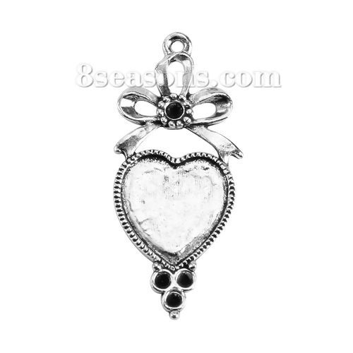 Picture of Zinc Based Alloy Pendants Heart Antique Silver Color Bowknot Carved Cabochon Settings (Fits 14mmx13mm) (Can Hold ss10 ss8 Pointed Back Rhinestone) 40mm x 18mm, 30 PCs