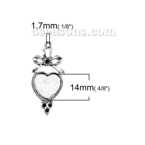 Immagine di Lega di Zinco Charm Ciondoli Cuore Argento Antico Cravatta a Farfalla Basi per Cabochon (Adatto 14mmx13mm) (Con Strass di ss10 ss8) 40mm x 18mm, 30 Pz