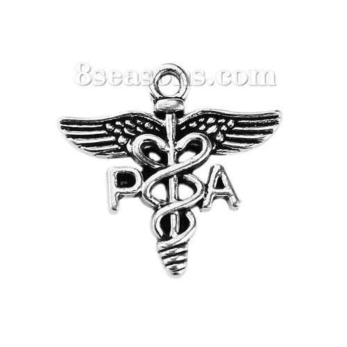 Picture of Zinc Based Alloy Medical Charms Wing Antique Silver Color Message " PA " 20mm( 6/8") x 20mm( 6/8"), 30 PCs