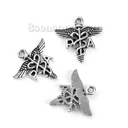 Picture of Zinc Based Alloy Medical Charms Wing Antique Silver Color Message " PA " 20mm( 6/8") x 20mm( 6/8"), 30 PCs