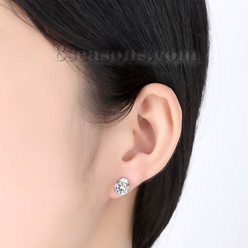 Picture of Brass Ear Post Stud Earrings Silver Tone Clear Cubic Zirconia Oval 8mm( 3/8") x 7mm( 2/8"), Post/ Wire Size: (21 gauge), 1 Pair                                                                                                                               
