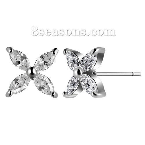 Picture of Brass Ear Post Stud Earrings Silver Tone Clear Cubic Zirconia Four Leaf Clover 12mm( 4/8") x 12mm( 4/8"), Post/ Wire Size: (21 gauge), 1 Pair                                                                                                                 