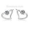 Picture of Brass Ear Post Stud Earrings Silver Tone Clear Cubic Zirconia Heart 9mm( 3/8") x 8mm( 3/8"), Post/ Wire Size: (21 gauge), 1 Pair                                                                                                                              