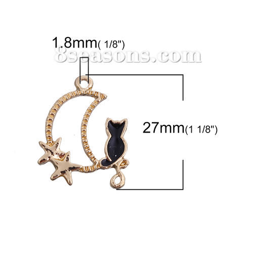 Picture of Zinc Based Alloy Galaxy Charms Half Moon Gold Plated Black Cat Enamel 27mm(1 1/8") x 22mm( 7/8"), 10 PCs