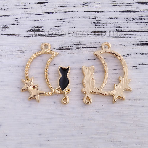 Picture of Zinc Based Alloy Galaxy Charms Half Moon Gold Plated Black Cat Enamel 27mm(1 1/8") x 22mm( 7/8"), 10 PCs