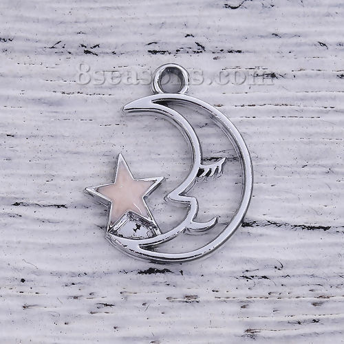 Picture of Zinc Based Alloy Galaxy Charms Half Moon Silver Tone Pink Star Enamel 20mm( 6/8") x 16mm( 5/8"), 10 PCs