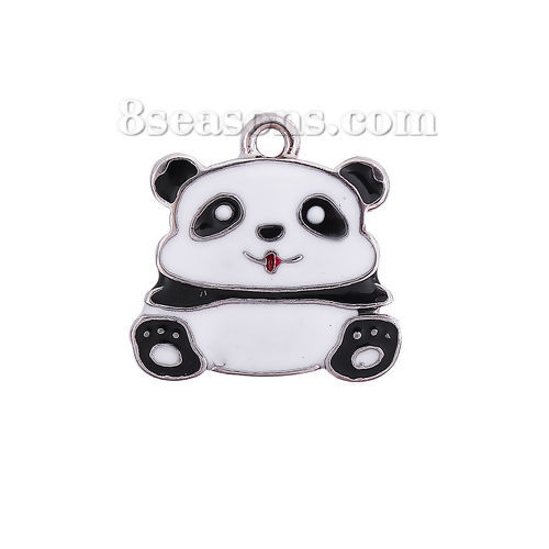 Picture of Zinc Based Alloy Charms Panda Animal Silver Tone Black & White Enamel 19mm( 6/8") x 19mm( 6/8"), 5 PCs