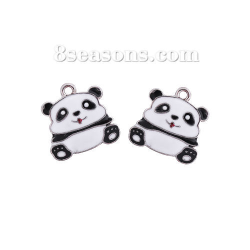 Picture of Zinc Based Alloy Charms Panda Animal Silver Tone Black & White Enamel 19mm( 6/8") x 19mm( 6/8"), 5 PCs