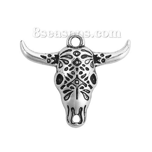 Picture of Zinc Based Alloy Charms Cow Antique Silver Color 29mm(1 1/8") x 25mm(1"), 30 PCs