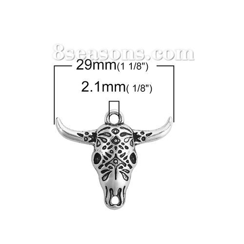 Picture of Zinc Based Alloy Charms Cow Antique Silver Color 29mm(1 1/8") x 25mm(1"), 30 PCs