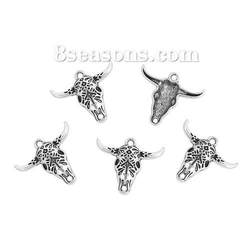 Picture of Zinc Based Alloy Charms Cow Antique Silver Color 29mm(1 1/8") x 25mm(1"), 30 PCs