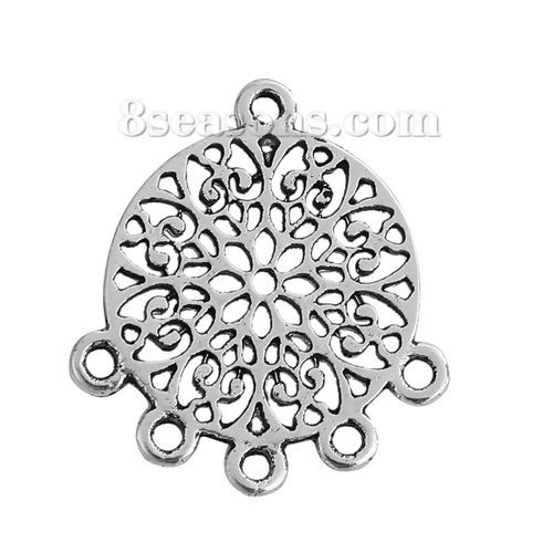 Immagine di Lega di Zinco Lampadario Connettore Accessori Tondo Argento Antico Fiore Disegno 23mm x 21mm, 30 Pz