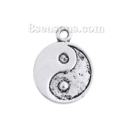Zinc Based Alloy Charms Round Disc Antique Silver Color Yin Yang Symbol 22mm( 7/8") x 17mm( 5/8"), 20 PCs