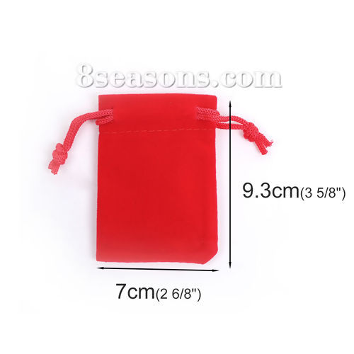 Picture of Velvet Jewelry Gift Bags Drawstring Rectangle Red (Usable Space: Approx 8cmx7cm) 9.3cm(3 5/8") x 7cm(2 6/8"), 10 PCs