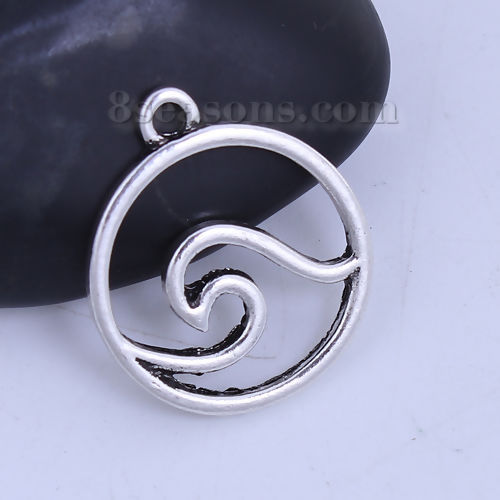 Picture of Zinc Based Alloy Charms Round Antique Silver Color Wave 24mm(1") x 21mm( 7/8"), 10 PCs