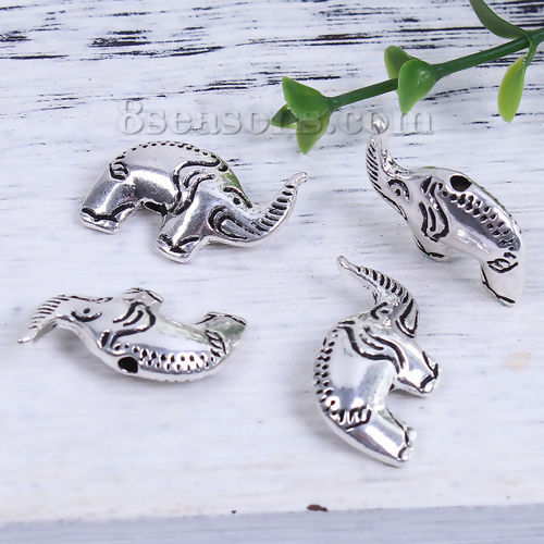 Picture of Zinc Based Alloy Spacer Beads Elephant Animal Antique Silver Color 24mm x 16mm, Hole: Approx 2mm, 20 PCs