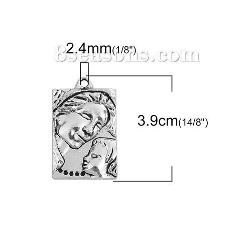 Bild von Zinklegierung Familien Schmuck Anhänger Mutter & Kind Antiksilber Rechteck 39mm x 25mm, 10 Stück
