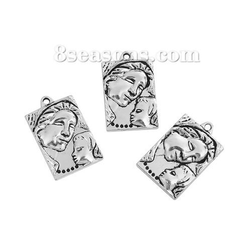 Bild von Zinklegierung Familien Schmuck Anhänger Mutter & Kind Antiksilber Rechteck 39mm x 25mm, 10 Stück