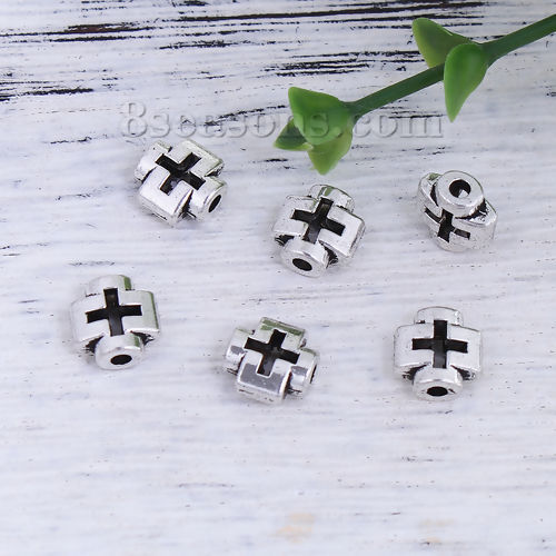 Picture of Zinc Based Alloy Spacer Beads Cross Antique Silver Color 8mm x 8mm, Hole: Approx 1.6mm, 100 PCs
