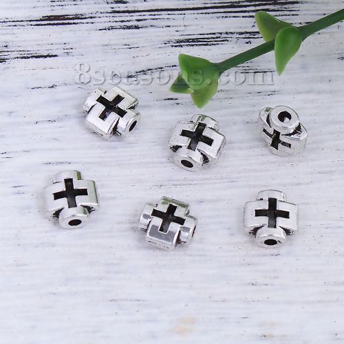 Immagine di Lega di Zinco Separatori Perline Croce Argento Antico Circa 8mm x 8mm, Foro:Circa 1.6mm, 100 Pz