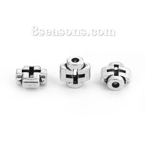 Immagine di Lega di Zinco Separatori Perline Croce Argento Antico Circa 8mm x 8mm, Foro:Circa 1.6mm, 100 Pz