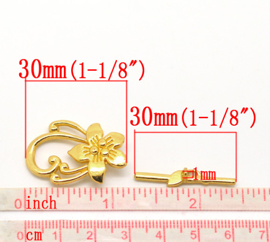 Picture of Zinc Based Alloy Toggle Clasps Flower Gold Plated 30mm x 20mm 30mm x 5mm, 10 Sets