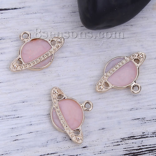 Picture of Zinc Based Alloy Galaxy Charms Spaceship Gold Plated Pink Enamel Glitter 23mm( 7/8") x 16mm( 5/8"), 10 PCs