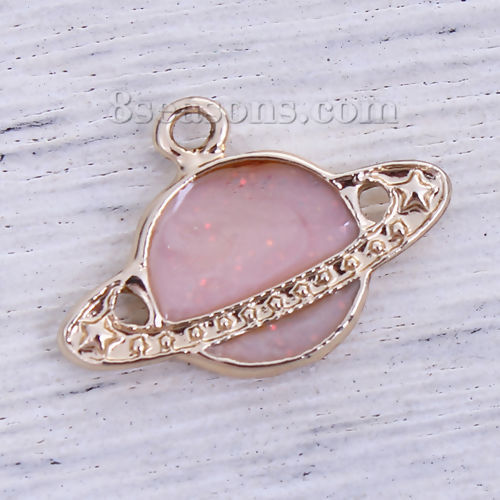 Picture of Zinc Based Alloy Galaxy Charms Spaceship Gold Plated Pink Enamel Glitter 23mm( 7/8") x 16mm( 5/8"), 10 PCs