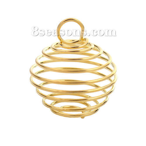 Bild von Eisenlegierung Spiral Perlenkäfig Anhänger Vergoldet 29mm x 25mm, 20 Stück