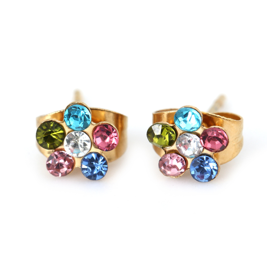 Picture of Stainless Steel Ear Post Stud Earrings Gold Plated Flower Multicolor Rhinestone 6mm( 2/8") x 6mm( 2/8"), Post/ Wire Size: (21 gauge), 1 Pair