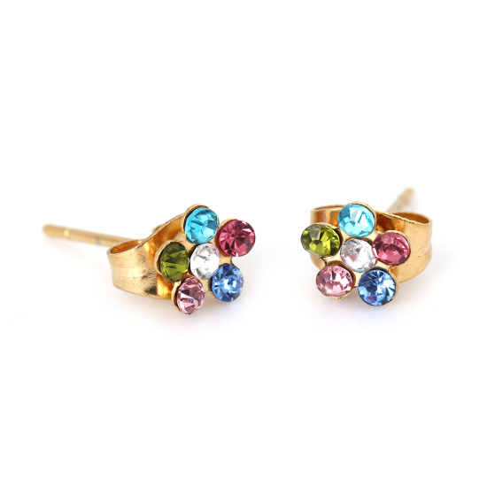 Picture of Stainless Steel Ear Post Stud Earrings Gold Plated Flower Multicolor Rhinestone 6mm( 2/8") x 6mm( 2/8"), Post/ Wire Size: (21 gauge), 1 Pair
