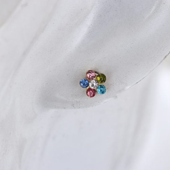 Picture of Stainless Steel Ear Post Stud Earrings Gold Plated Flower Multicolor Rhinestone 6mm( 2/8") x 6mm( 2/8"), Post/ Wire Size: (21 gauge), 1 Pair