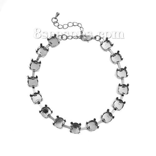 Picture of Brass Cup Chain Lobster Clasp Bracelets Silver Tone Cabochon Settings (Fit 7mm Dia.) 21cm(8 2/8") long, 3 PCs