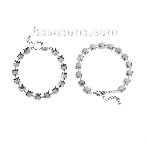 Picture of Brass Cup Chain Lobster Clasp Bracelets Silver Tone Cabochon Settings (Fit 7mm Dia.) 21cm(8 2/8") long, 3 PCs