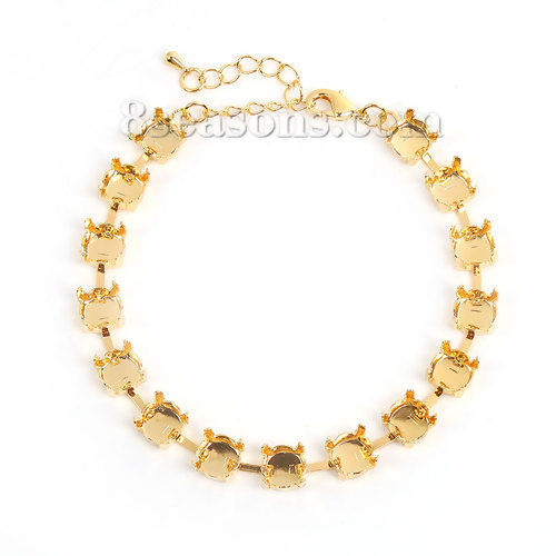 Picture of Brass Cup Chain Lobster Clasp Bracelets Gold Plated Cabochon Settings (Fit 7mm Dia.) 21cm(8 2/8") long, 3 PCs                                                                                                                                                 