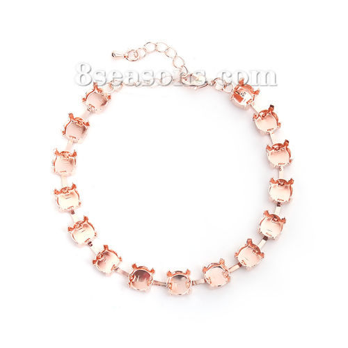 Picture of Brass Cup Chain Lobster Clasp Bracelets Rose Gold Cabochon Settings (Fit 7mm Dia.) 21cm(8 2/8") long, 3 PCs                                                                                                                                                   