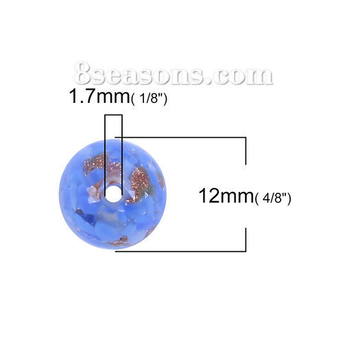 Picture of Lampwork Glass Japanese Style Beads Ball Blue Glitter About 12mm Dia, Hole: Approx 1.7mm, 3 PCs