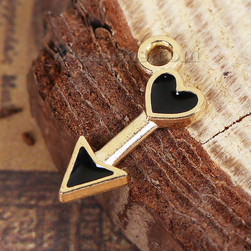 Picture of Zinc Based Alloy Charms Arrow Gold Plated Black Heart Enamel 15mm( 5/8") x 8mm( 3/8"), 30 PCs