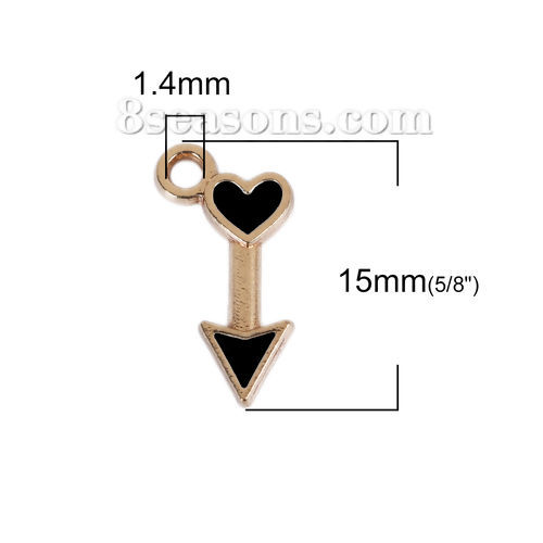 Picture of Zinc Based Alloy Charms Arrow Gold Plated Black Heart Enamel 15mm( 5/8") x 8mm( 3/8"), 30 PCs
