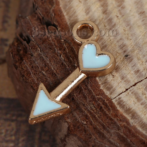 Picture of Zinc Based Alloy Charms Arrow Gold Plated Green Blue Heart Enamel 15mm( 5/8") x 8mm( 3/8"), 30 PCs