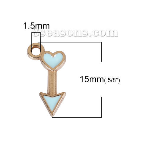 Picture of Zinc Based Alloy Charms Arrow Gold Plated Green Blue Heart Enamel 15mm( 5/8") x 8mm( 3/8"), 30 PCs