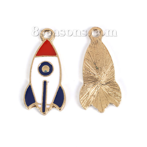 Picture of Zinc Based Alloy Galaxy Charms Rocket Gold Plated Multicolor Enamel 28mm(1 1/8") x 13mm( 4/8"), 5 PCs