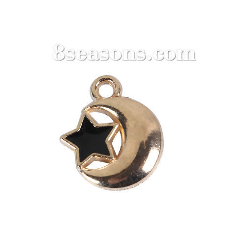 Picture of Zinc Based Alloy Galaxy Charms Half Moon Gold Plated Black Pentagram Star Enamel 14mm( 4/8") x 12mm( 4/8"), 10 PCs