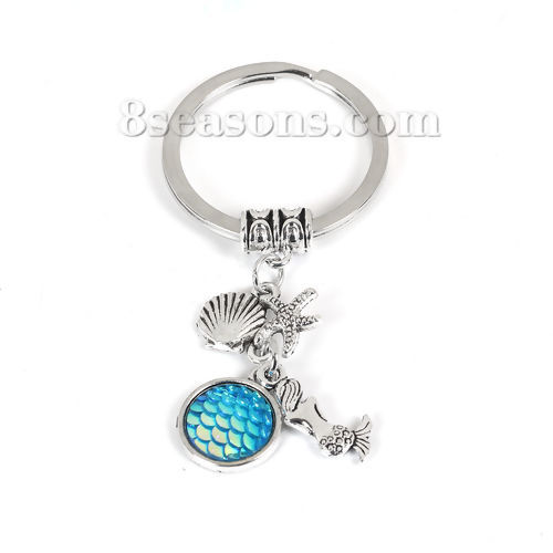 Picture of Resin Mermaid Fish/ Dragon Scale Keychain & Keyring Round Antique Silver Color Blue AB Color 84mm x 32mm, 1 Piece